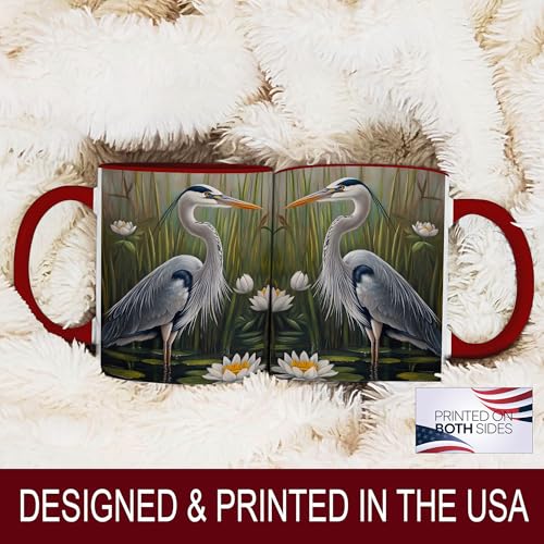 Great Blue Heron Art Coffee Mug, Wildlife Bird Lover Mug, Marsh Scene with Water Lilies & Reeds, Nature-Inspired Drinkware for Outdoor Enthusiasts, Ceramic Cup with Red Handle - Spring & Summer(Heron) - color: Blue Heron