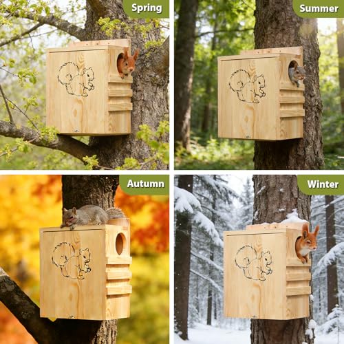Large Squirrel House for Outside, Wooden Squirrel Box with Predator Guard | Squirrel Nesting Box for Squirrels and Chipmunks, with Internal and External Climbing Ladders, 4 Corner Drainage Holes - size: Large: 8"wide