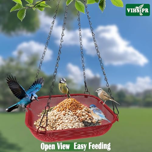 Hanging Platform Bird Feeder, 11 in Square, Red | Stainless Steel Mesh Seed Tray, Backyard & Patio, Outdoor Use - color: Red - Square