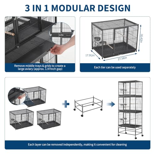 TrailBlaze Heavy Duty Carbon Steel Bird Cage - 74 Inch Stackable Aviary with 3 Dividable Compartments, Removable Trays, Spacious Flight Enclosure for Parakeets, Cockatiels, Conures, Finches - Silver - color: Black