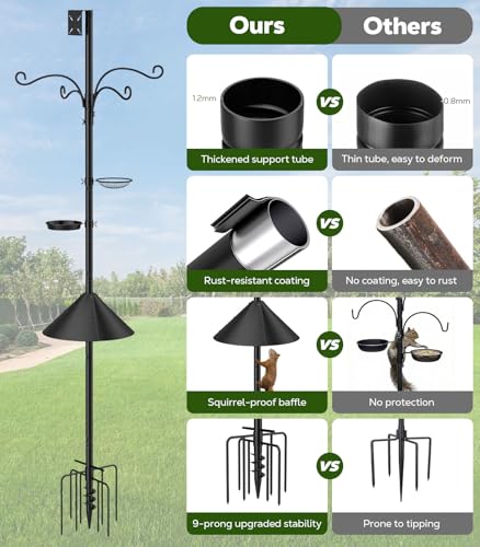 MoKo Bird Feeder Pole, 92 in Bird House Pole Squirrel Baffle 9 Prong Base | Bird Feeding Station Heavy Duty, Includes Water Bowl and Mesh Tray for Feeding, for Gardens No Bird House, Black
