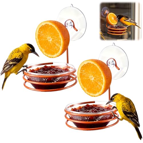 2 Set Window Oriole Feeders for Outdoors, 6 oz | Hanging Metal Oriole Bird Feeder for Jelly and Oranges with Fruit Holder & Strong Suction Cup for Window, Garden, Patio