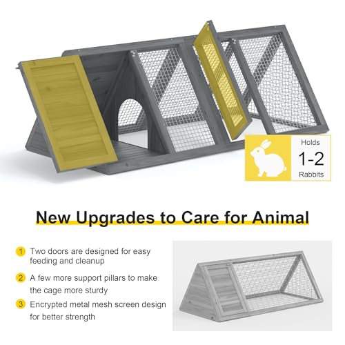 Rabbit Hutch, Small A-Frame Chicken Coop Outdoor w/ 2 Door & Run Cage(Gray) | Wooden Triangle Quail Hutch w/ Ventilating Wire Poultry Hutch for Small Animal Quail Cage Backyard - color: Gray
