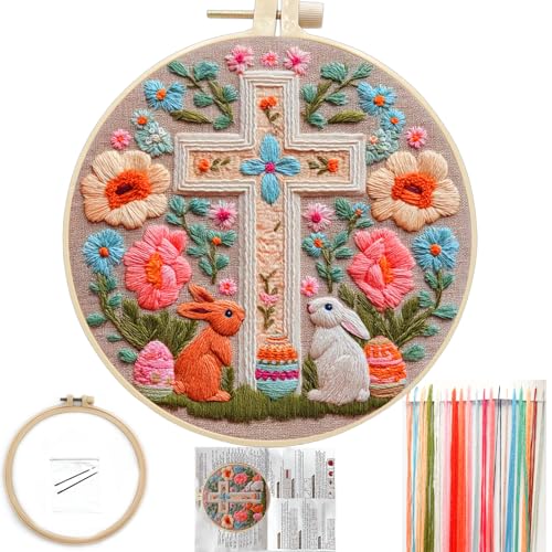 FONNUY Easter Rabbit Floral Cross Embroidery Kit, Easter Egg Happy Rabbits Bunny Stamped Pattern Kits for Audlt Beginners, Hand Works Crafts, 8 x 8'' (Happy Bunny 03) - color: Happy Bunny 03