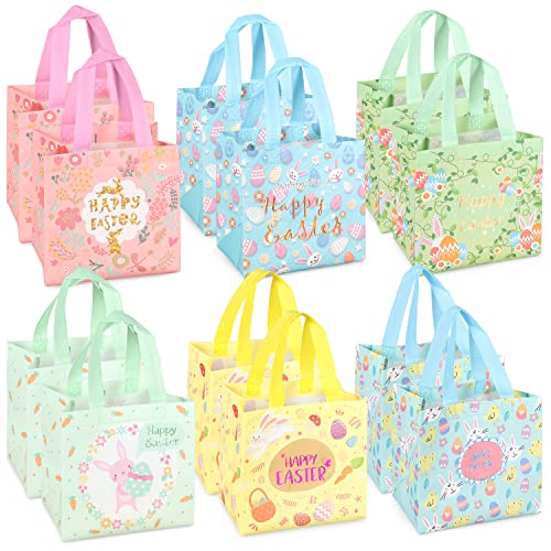 12PCS Happy Easter Egg Hunt Bags Easter Bunny Carrot Chick Egg Gift Bags with Handles, Easter Treat Bags, Easter Party Supplies , 8.3×7.9×5.9inch - color: Foil Blue Yellow Pink