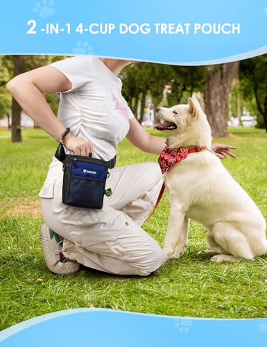 4 Cup Dog Treat Pouch with Silicone Insert Bag& Clicker(Navy Blue) | 2 Pair Magnetic Closures, Belt Clip/Waist Belt/Crossbody Wear, Zipper Pocket Poop Bag Holder for Pet Training/Daily Walking - color: Navy Blue