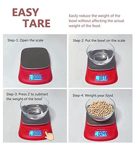 Ultra Slim Food Scale Digital Kitchen Scales Weight Grams Oz Red | Stainless Steel Panel, 1g Increment, Max 11lbs, Backlit Screen, High Precision, Coffee Making, Meal Prep, Include Batteries - color: Red