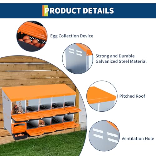 2-Tier Chicken Nesting Box, 10 Compartment Metal Nesting Box for Chickens with Waterproof Roof, Non-Slip Stable Base, Heavy Duty Chicken Laying Boxes for Hens, Poultry - color: Orange, size: 10 holes
