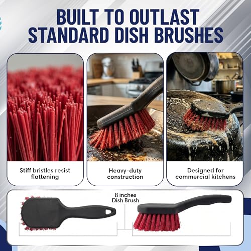 8 Inch Pot & Dish Kitchen Scrub Brush for Heavy-Duty Cleaning – Stiff Bristle Scrubber for Sink, Cast Iron, and Grill Grates - Kitchen Dish Scrubber Brush - 90048 by FryOilSaver Co.