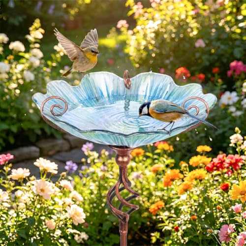 Glass Birdbath Birdfeeder with Metal Stake Garden Yard Outdoor Blue | 31inch height stain glass bird bath for outside,Blue flower bird bath bowl,attract wild birds and beautify outdoor gardens - color: Blue