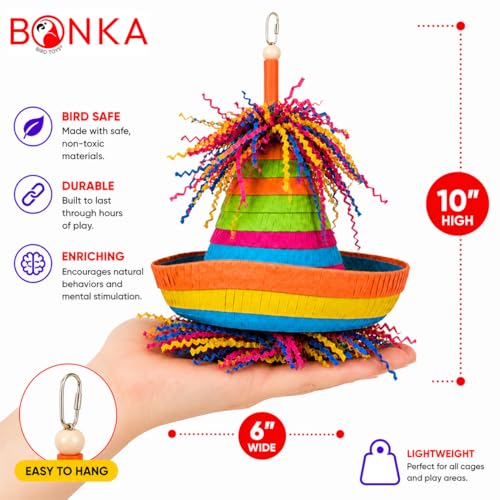 Bonka Bird Toys 2198 Pinata Hat 10" x 6" Cardboard Hat Shreddy Paper Wood Beads Straw for Conures Quakers Senegals Caiques Medium Birds Shreddable Cage Toy - size: Pack of 1