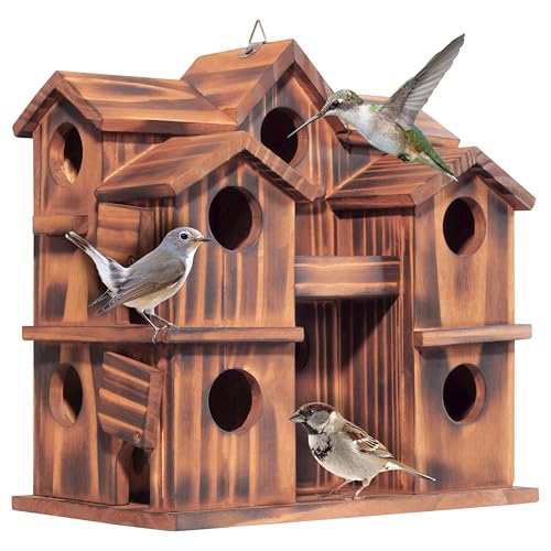 MIXUMON Wooden Bird Houses for Outside – 10 Rooms Multi-Chamber Bird House, Carbonized Pine Rustic Finish, 1.57" Entrance Holes, Individual Cleaning Doors, Decorative Outdoor Bird Nesting Box