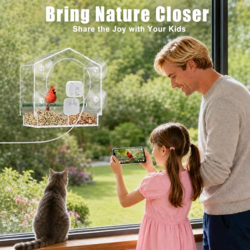 Clear Window Bird Feeder with Camera,2K HD Live View,6 Suction Cups | Clear Acrylic, Strong Suction, Easy-Clean Tray, 2K View & AI Bird ID, Gifts
