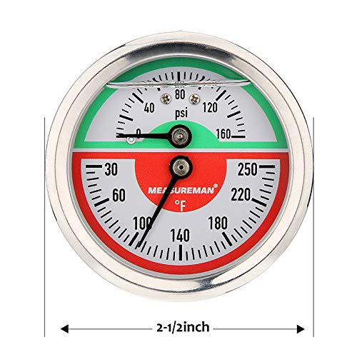 MEASUREMAN Tridicator, Thermo-Manometer, 2-1/2", Silicone Oil Filled, 0-160psi/30-250 deg F, Stainless Steel Case, 1/4" NPT Back Mount - size: Back Mount-Liquid Filled