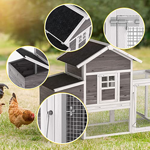 GOJOOASIS Chicken Coop for 2-4 Chickens Outdoor Wooden Hen House, Grey | Predator Proof Hen House with Nesting Box, Poultry Cage w/ Wire Fence, Ramp, Tray, Roosting Bar, 4 Access Areas - size: E