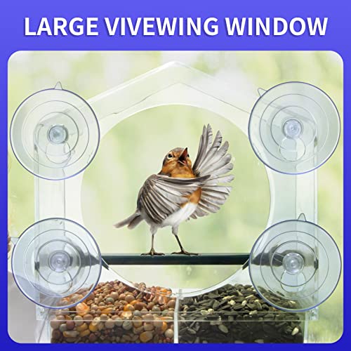 Window Bird Feeder with 4 Extra-Strong Suction Cups-Clear Acrylic | Large Movable Seed Trays Outdoor Bird Feeder , House-Shaped, Easy to Refill and Clean for Cardinals, Bluebirds & Chickadees