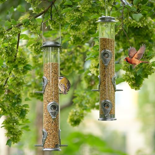 2PK Metal Bird Feeders with 6 Feeding Ports,Tube Bird Feeder with Steel Hanger,Hard Plastic Wild Bird Feeder for Outdoors Hanging, Attracting Birds in Your Lawn, Garden, Balcony (Grey) - color: Grey 2 PACK
