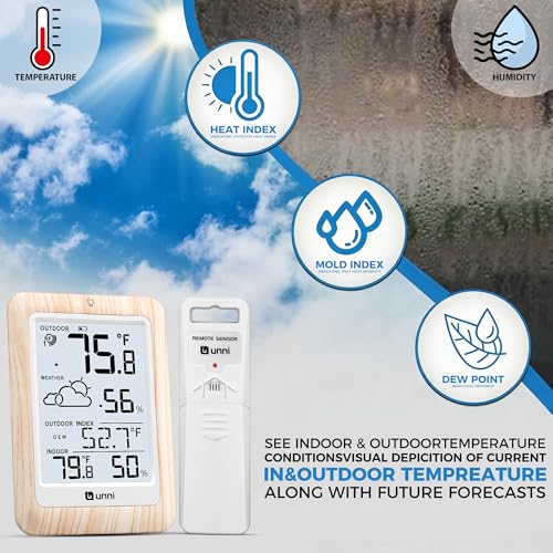 Indoor Outdoor Thermometer Wireless Weather Station, Temperature Humidity Monitor Battery Powered Inside Outside Thermometers with 330ft Range Remote Sensor and Backlight Display（Wood） - color: Wood