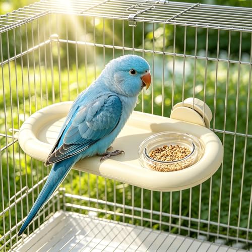 Bird Feeding Platform,bird feeder for cage,Parrot Rest Station with Food Bowl, Parrot Cage Perch,bird perches for Cages,Platform with Feeding Bowl for Parakeets and Small Birds cage Accessories(White)