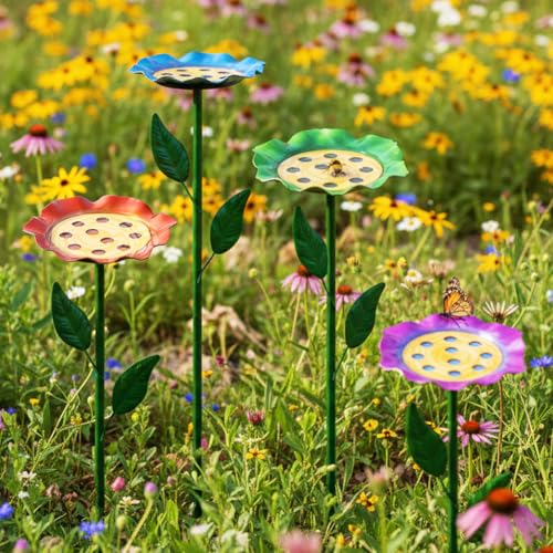 dreamysoul 4 Pack Bee Watering Station, Colorful Metal Bee Bath with Flower Design for Garden Yard - color: Colorful-a