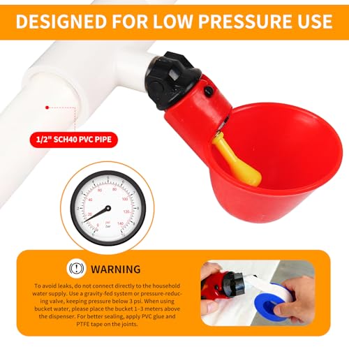 6 Packs Chicken Waterer Cups with PVC Tee Fittings, 1/8 Inch FTP Threads | Keep Clean Water, Automatic Poultry Feeder Cups Water Feeder for for DIY 1/2" Pipe System Chicks, Duck, Goose, Quail