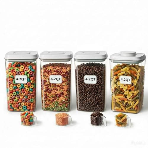 Melovom 4 Pcs Large Pop Airtight Food Storage Containers Set with Lids, 4.2Qt/4L Food Containers with Scoop, Kitchen Pantry Organization and Storage, BPA Free Stackable Cereal Container (4 * 4.2Qt) - color: gray, 4*4.2Qt