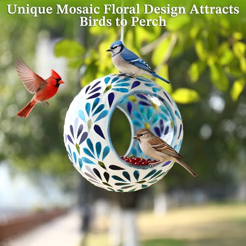 VOREEN Mosaic Glass Bird Feeder, Handcrafted Hanging Fly-Through Feeder for Outdoor Garden & Backyard, Decorative Wild Bird Feeder with Steel Wire Cable – Cool Blue Leaf Mosaic Style - color: Blue peacock