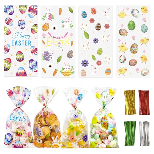 QOIUSO 100pcs Easter Treat Bags: Clear Easter Cellophane Bags for with Twist Ties for Candy Goodie Cookies Sweet and Gifts Packaging - 4 Style Plastic Party Favors Bags - color: Easter-100pcs