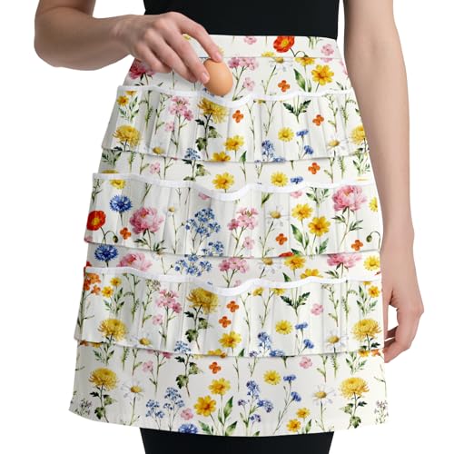 CUTHOLLOW Egg Collecting Apron for Adlut, Housewife, 18 Deep Pockets Hen Egg Gathering Holding Apron with Elastic Closures - style: Watercolor Flowers