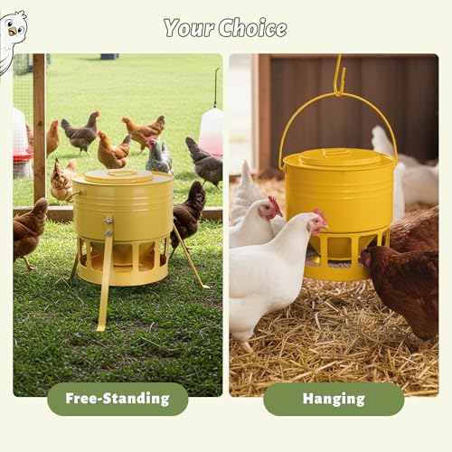 KOL Metal Chicken Feeder - 20lbs No Waste Chicken Feeder with 12 Ports, Powder Coated Rust-Proof Design & Smooth Edges for Safe Feeding (Yellow) - color: Yellow