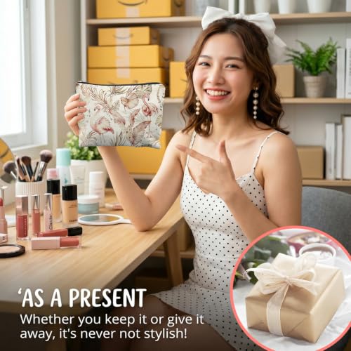 Boho Tropical Flamingo Beach Canvas Makeup Bag Gifts for Women | Flamingo Lover Gifts, Neutral Bird Palm Leaves Canvas Cosmetic Bag Beach Bags Travel Toiletry Zipper Pouch Storage Organizer - color: Flamingo