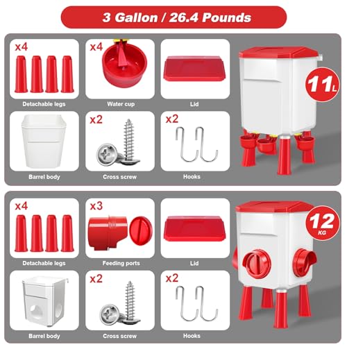Auto No Waste Chicken Feeder and Waterer Set 3 Gallon/26.4 Pounds | Sturdy & Durable Chick Feeder and Waterer Set, Poultry Feeder Large for Hens/Ducks/Poultry - color: Red
