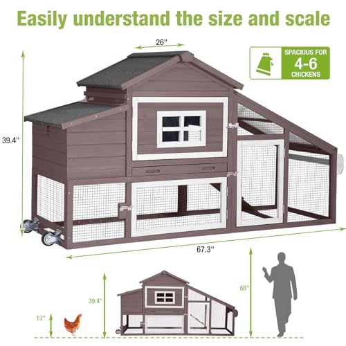 GUTINNEEN Chicken Coop with Wheels,Outdoor Hen House with Waterproof Asphalt Roof, Wooden Poultry Enclosure with Easy-Clean Slide-Out Tray,Poultry Cage with Nesting Boxes for Duck Rabbit Chicken-Brown - size: 67.3"L x 26"W x 39.4"H-Brown