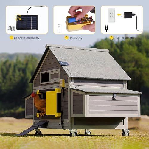 Automatic Chicken Coop Door Powered with Heating, Anti-Pinch Design Solar Chicken Door Opener, Auto Chicken House Run Door with Three Power Supply Modes for Chickens and Ducks (Black)