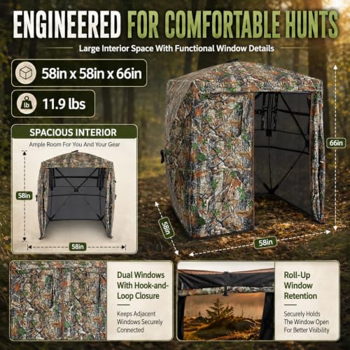 Hunting Blind See Through, Pop Up Ground Deer Blind, Large Door | 270/288/360 Degree See Thru, 1/2/3/4 Person Hunting Camouflage Tent, With/Without floor, Swing/Diamond/Horizontal Door Design - size: 2-3 Person, style: 270°/Horizontal Door
