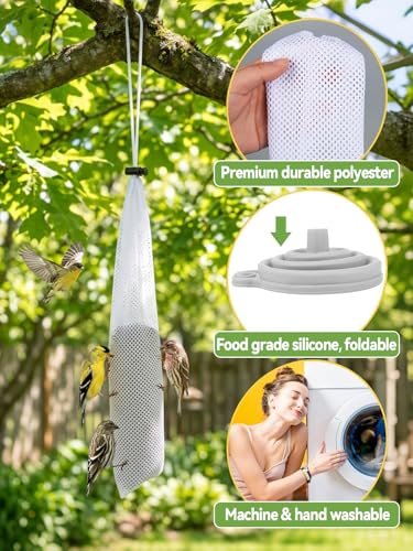 6Pcs Finch Sock Feeder for Outdoor, 3.9" x 15.7" Thistle Seed Sacks, White | MEWTOGO, with Food Grade Funnels, Bird Food Supply Tools, for Garden Yard Wild Finch Feeding - color: White