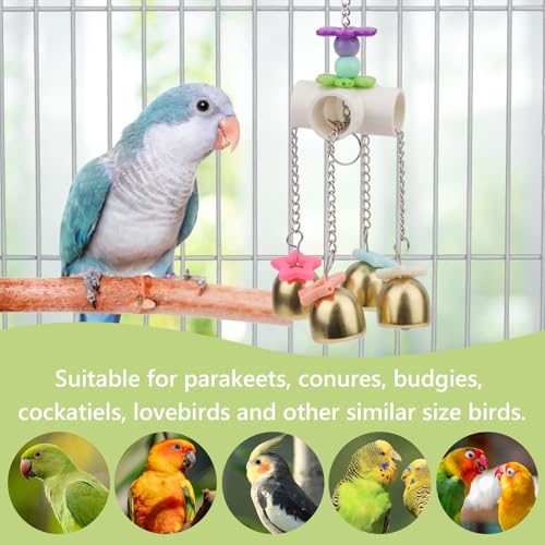Hypeety Bird Bell Toy with Sweet Sound Cage Hanging Swing Bell for Parakeet | 4 brass bells with colorful beads, chewable for easy-hanging, encourages play and exercise, for small and medium bird, 8.66'' - color: Bell Toy-4 bells