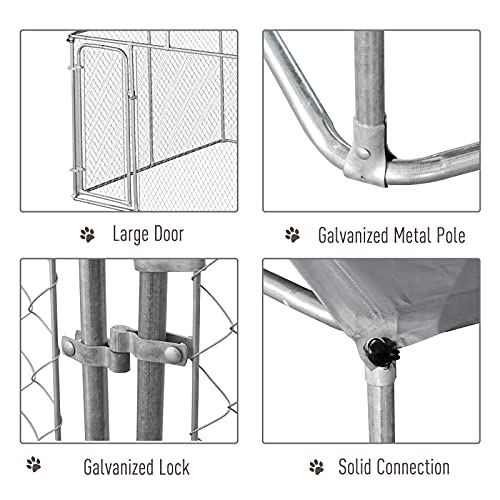 PawHut Outdoor Dog Kennel, Heavy Duty Dog Run Outdoor Fence with Waterproof Cover, Galvanized Chain Link, Secure Lock, 9.8' x 9.8' x 7.7' | Outdoor Fence, Waterproof Cover, Galvanized Chain Link, Secure Lock - size: 118.0"L x 118.0"W x 92.3"H