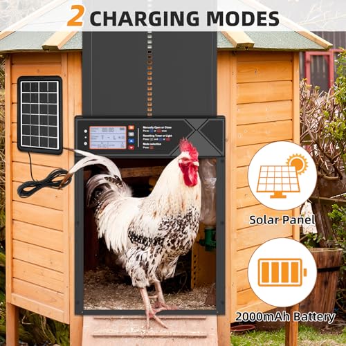 Automatic Chicken Coop Door Solar Powered with 4 Modes and Anti-Pinch | LCD screen electric chicken coop door with Timer & Light Sensor, Aluminum Alloy Chicken Door with Anti-Pinch, Remote Control