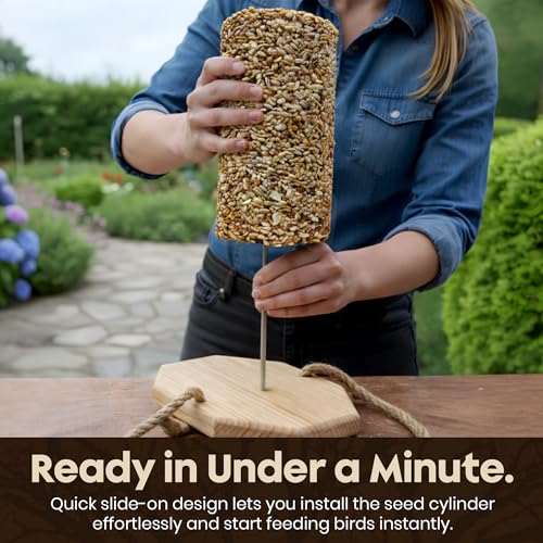 Cylinder Bird Feeder for Outdoors - Weather Resistant Bird Seed Holder | Wood Bird Feeder, Holds Bird Seed Cylinders, Logs & Cakes, Bird Safe Protective Coating, 360° Feeding, Easy to Clean