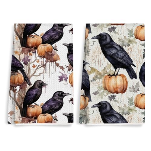 2 Pcs Gothic Raven Kitchen Towels, Vintage Pumpkin Decorative Absorbent Microfiber Dish Cloth Tea Towel, Waffle Soft Hand Towels for Farmhouse Home Bathroom, Halloween Decor - color: Multi 0434