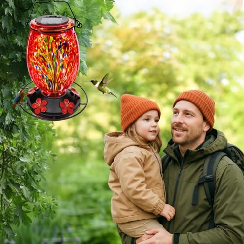 Solar Hummingbird Feeder for Outdoors Hanging Patio Designed 32 Ounces Colorful Hand Blown Glass Hummingbird Feeder 5 Feeding Ports with Perch Never Leak (Red)
