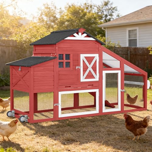 Mobile Chicken Coop with Run Outdoor Hen House with Slide-Out Tray Waterproof Roof Large Nesting Box 2 Perches Non-Slip Ramp Red - color: 73.4“L Red & White