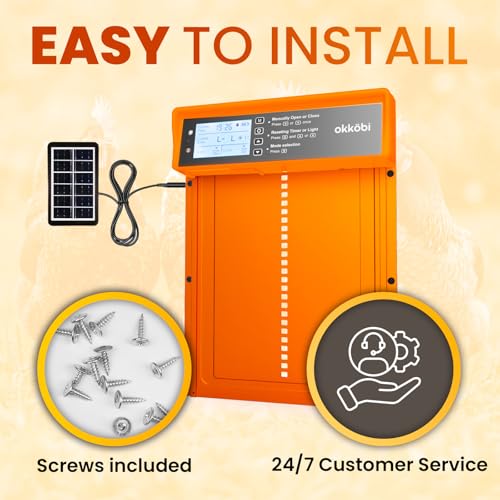 Okkobi Automatic Chicken Coop Door Solar Powered - LCD Display - Chicken Coop Door with Remote Control, Light Sensor & Timer - Anti-Pinch Function - 5-Year Protection - Autumn Ember - color: Autumn Ember