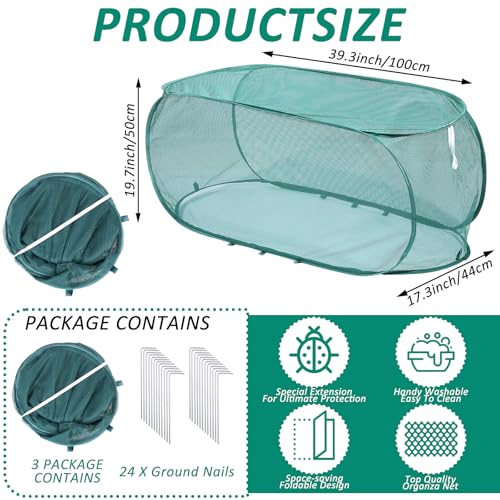 3 Pcs 39" x 18" x 16" Pop Up Garden Plants Cover with 24 Ground Nails, Mesh Netting Covers Net Cage Guard Protector for Protecting Plant Vegetable Fruit Flowers Seedlings Herbs from Birds Animals