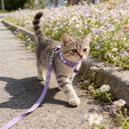 Puppy Collar and Lead Sets Pawprint Small Dog Collar and Lead Set Adjustable Cat Collars with Bell for Tiny Little XXS XS Extra Small Breed Pets Dogs Kittens Girls Female - color: light purple