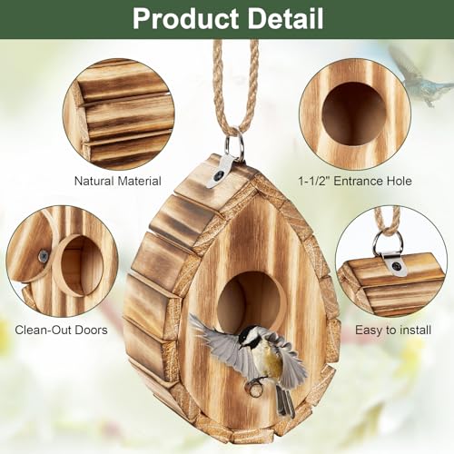 Hummingbird House for Outside - Natural Wooden Birdhouse for Bluebirds, Finches, Cardinals - Small Hanging Bird Nesting Box for Garden, Patio, or Yard - 5.9" D x 4.1" W x 3.8" H