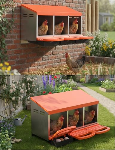 GarveeLife Chicken Nesting Box 3 Hole, Galvanized Steel Nest with Roll Away Egg Collection & Swing Perch, Easy-Clean Laying Box for Hens, Heavy Duty Design for Chicken Coop - color: Orange, size: 3 holes