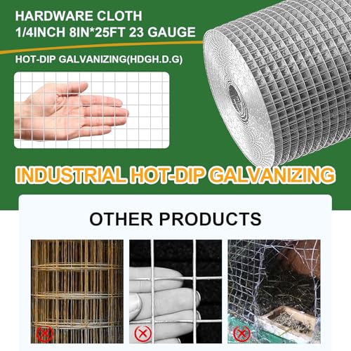 8in x 25ft Hardware Cloth 1/4 inch Chicken Wire Fencing Mesh | Hot-Dip Galvanized Welded Heavy Duty 23 Gauge steel for Garden, Rabbit Cage, Rodent Poultry Enclosures & Predator Protection - size: 8in×25ft