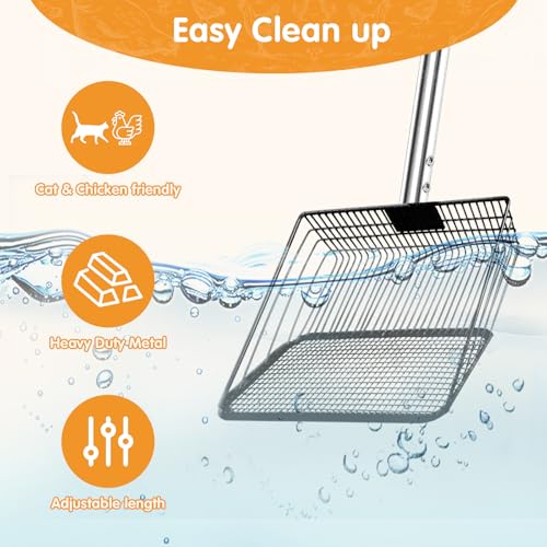 Chicken Coop Scoop, Chicken Poop Scooper for Sand, 10" Wide Heavy-Duty Metal Head, Stainless Steel Handle (36"-68") Ergonomic Chicken Sand, Poop Cleaning Tool, Chicken Coop Essentials